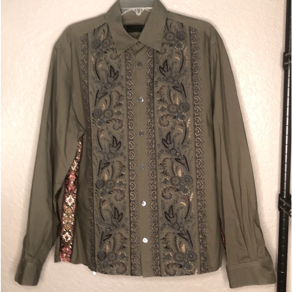 Nicole Farhi embroidered embellished olive green button down shirt